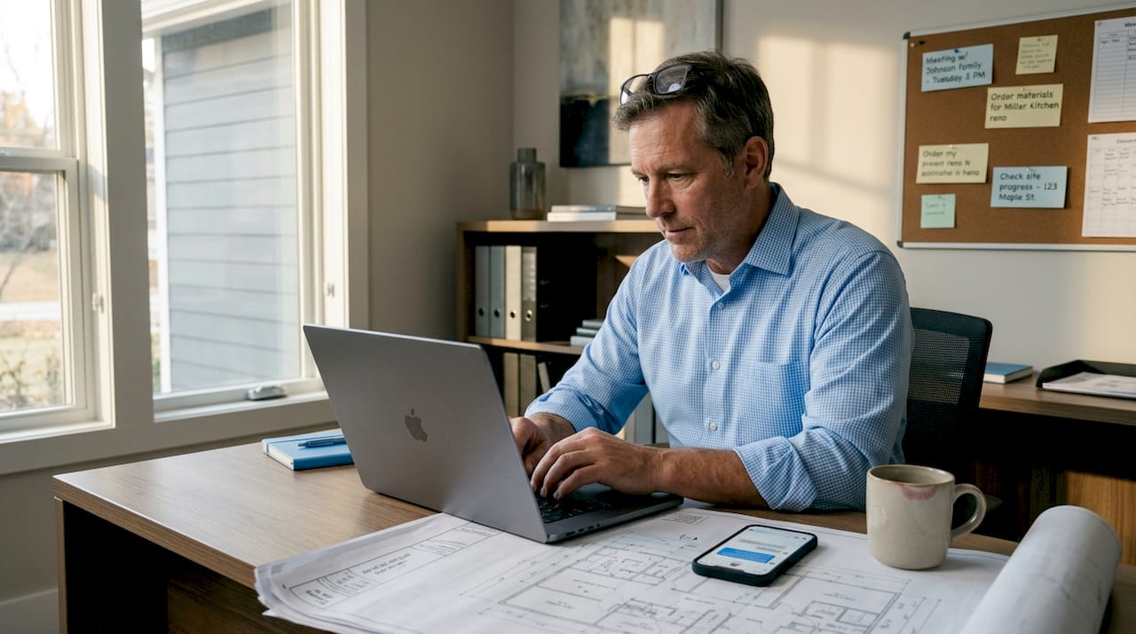 Home contractor reading messages in home office