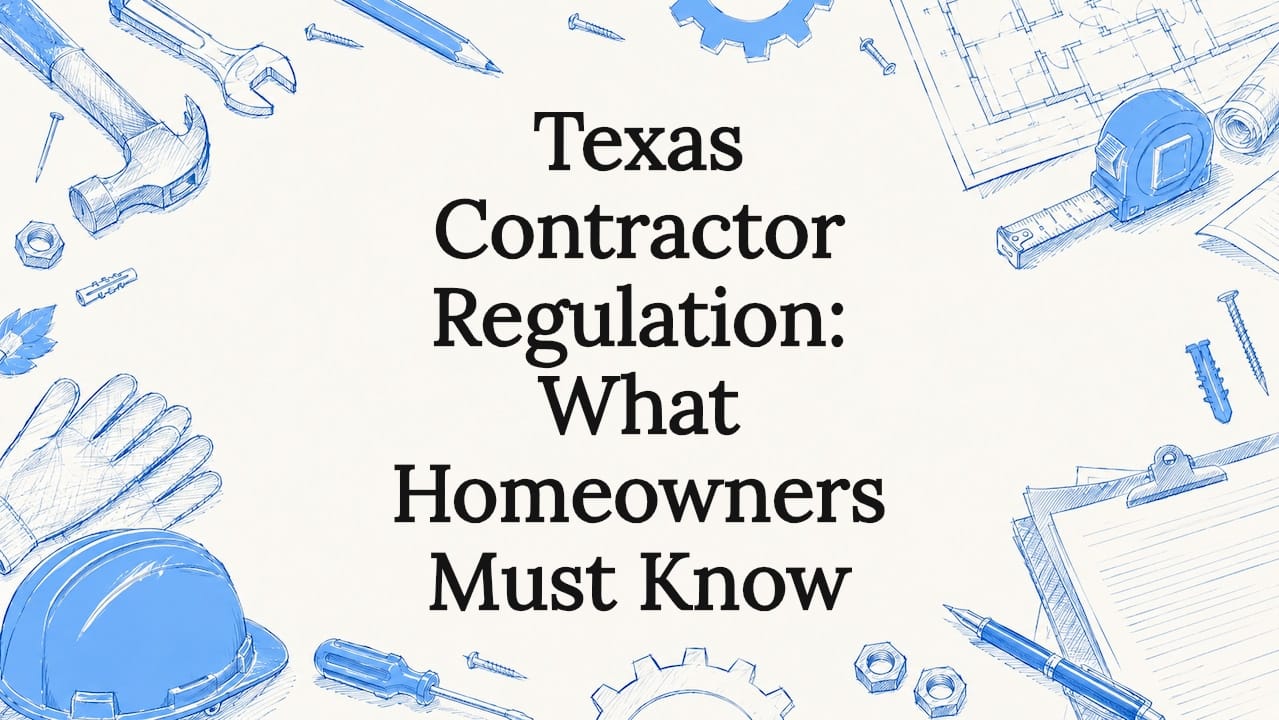 Decorative title card illustration with tools and contract