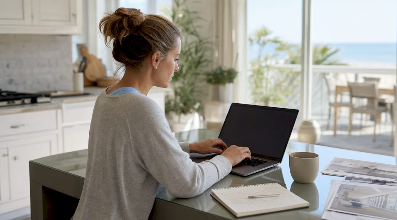 Homeowner posting renovation project on laptop