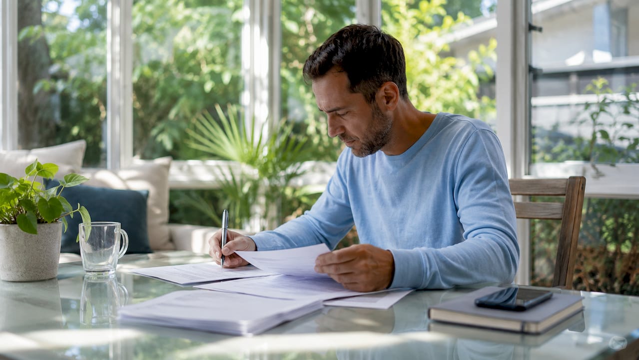 Homeowner reviewing contractor documents at desk