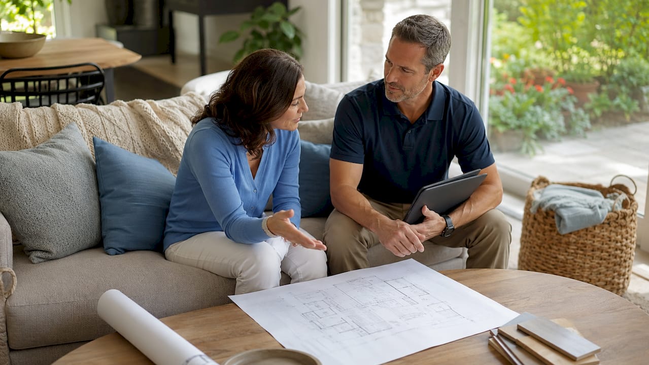 Homeowner and contractor in discussion at kitchen table