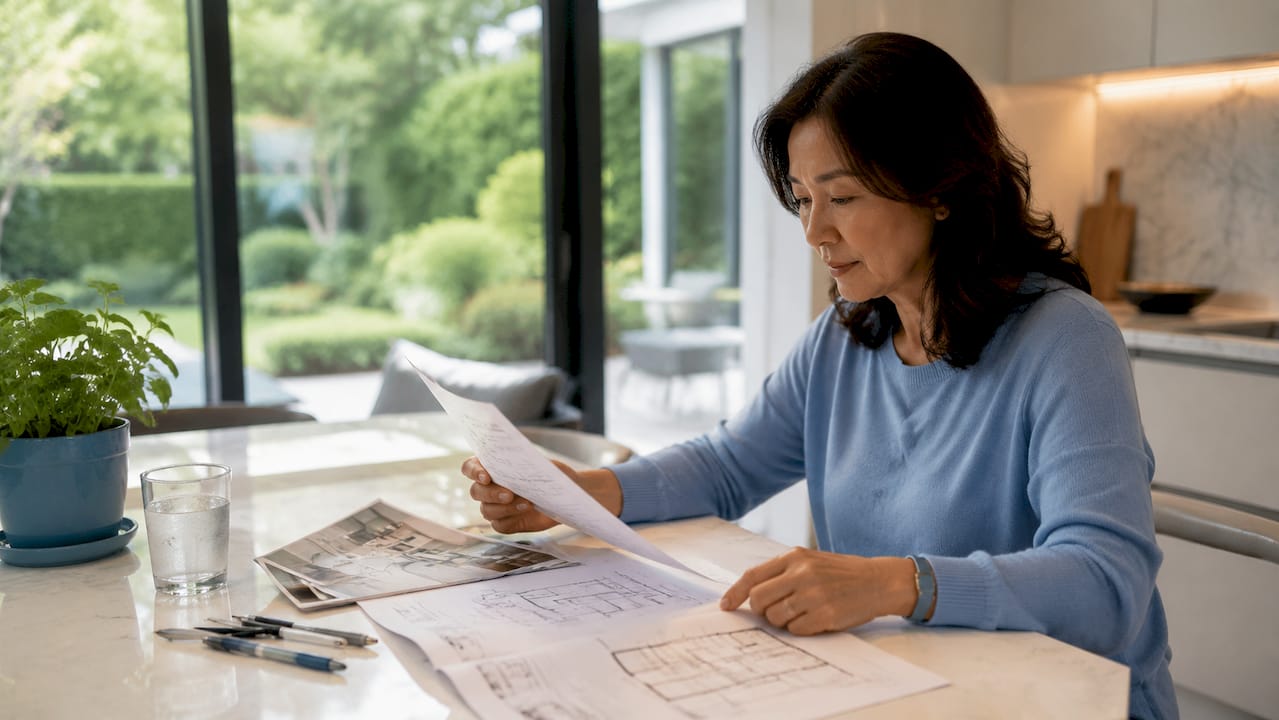 Homeowner reviewing renovation plans at table
