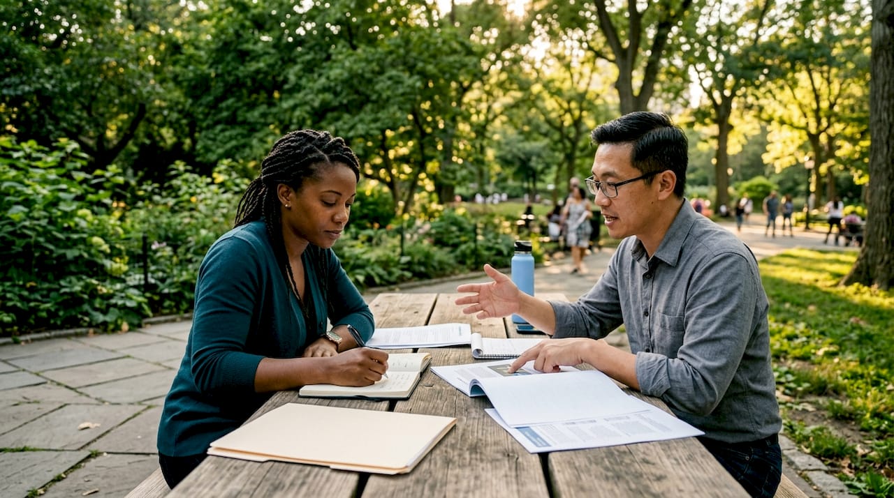 Professionals discussing hiring documents
