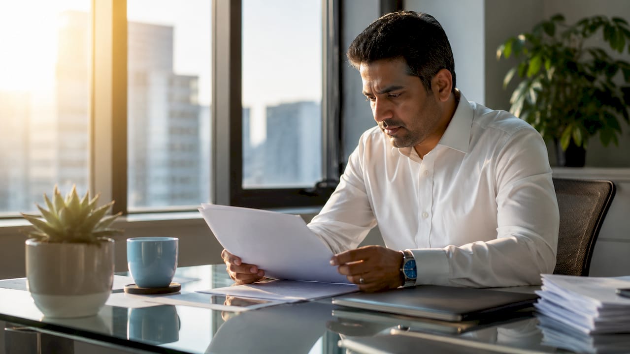 Contractor reviewing contract documents at desk