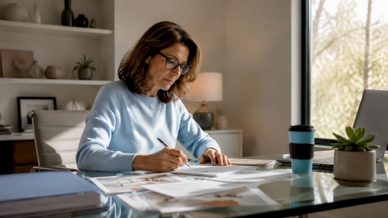 Woman reviewing home renovation bids at table