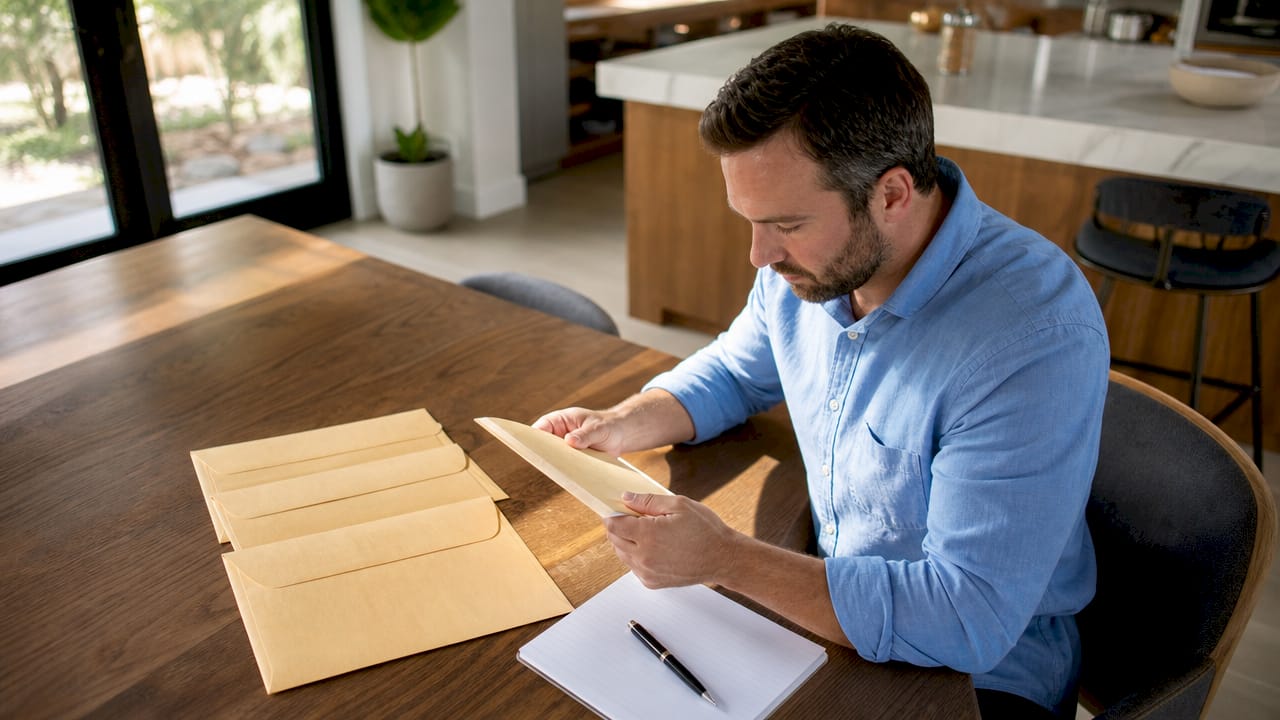 Homeowner examining contractor bids at kitchen table