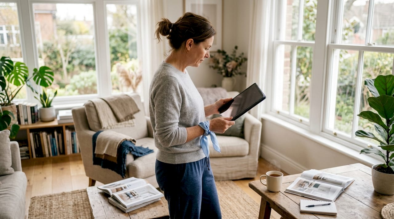 Homeowner browsing renovation platform on tablet