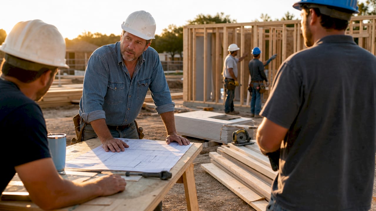 General contractor reviewing plans on site
