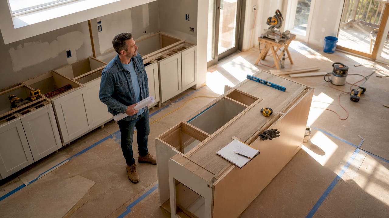 Contractor inspecting remodeled kitchen interior