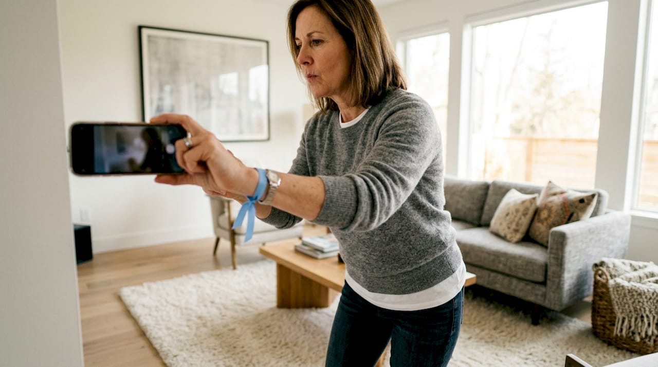 Woman measuring kitchen with phone app