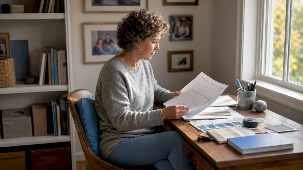 Homeowner reviewing renovation plans at kitchen table
