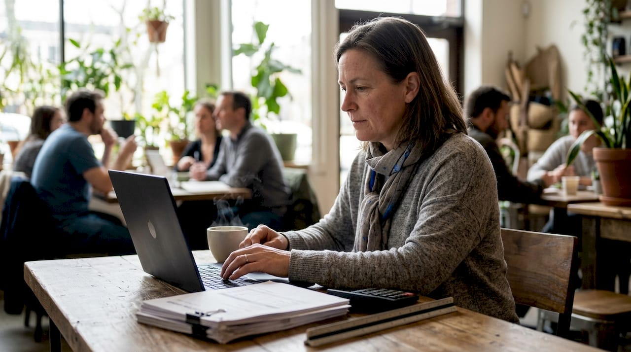 Woman reviewing renovation bids at desk in home office