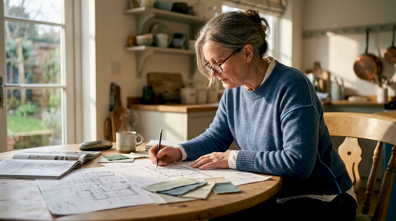 Woman reviewing home renovation plans at desk