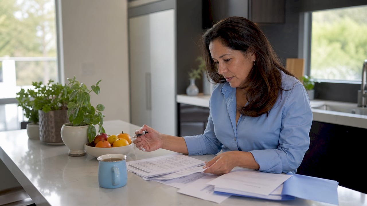 Woman checking contractor documents at home