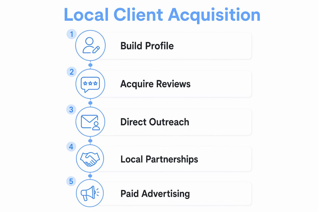 Infographic showing local client acquisition steps