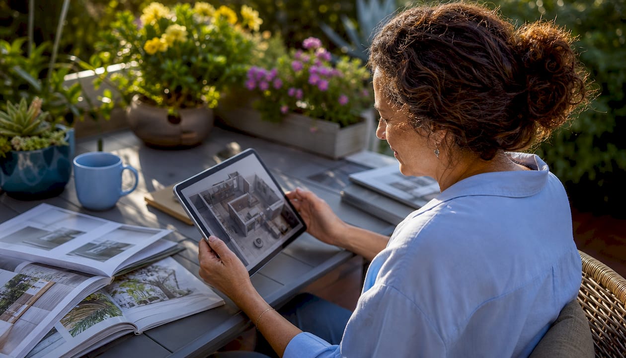 Woman reviewing 3D renovation model on tablet
