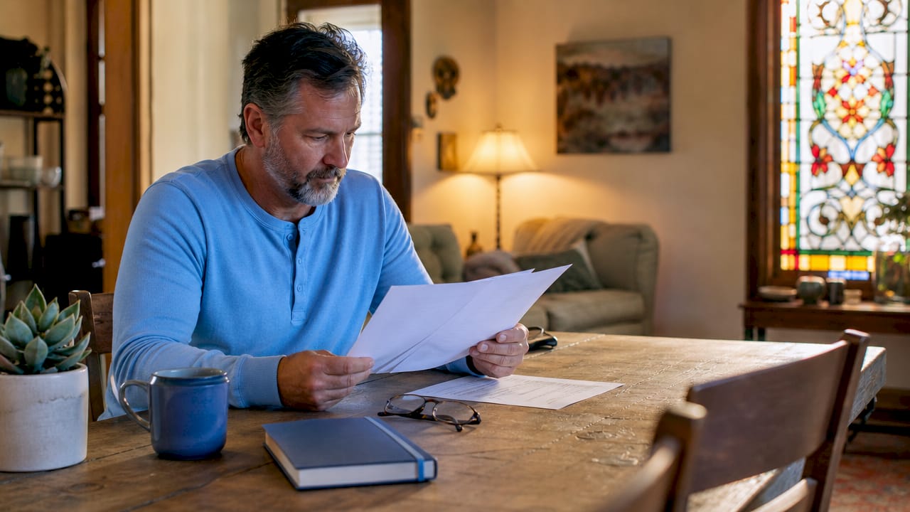 Homeowner checking contractor credentials at table