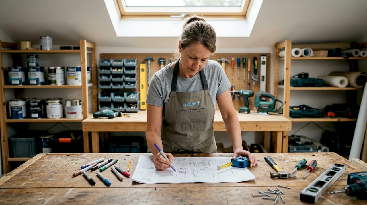 Woman reviewing home renovation plans at desk