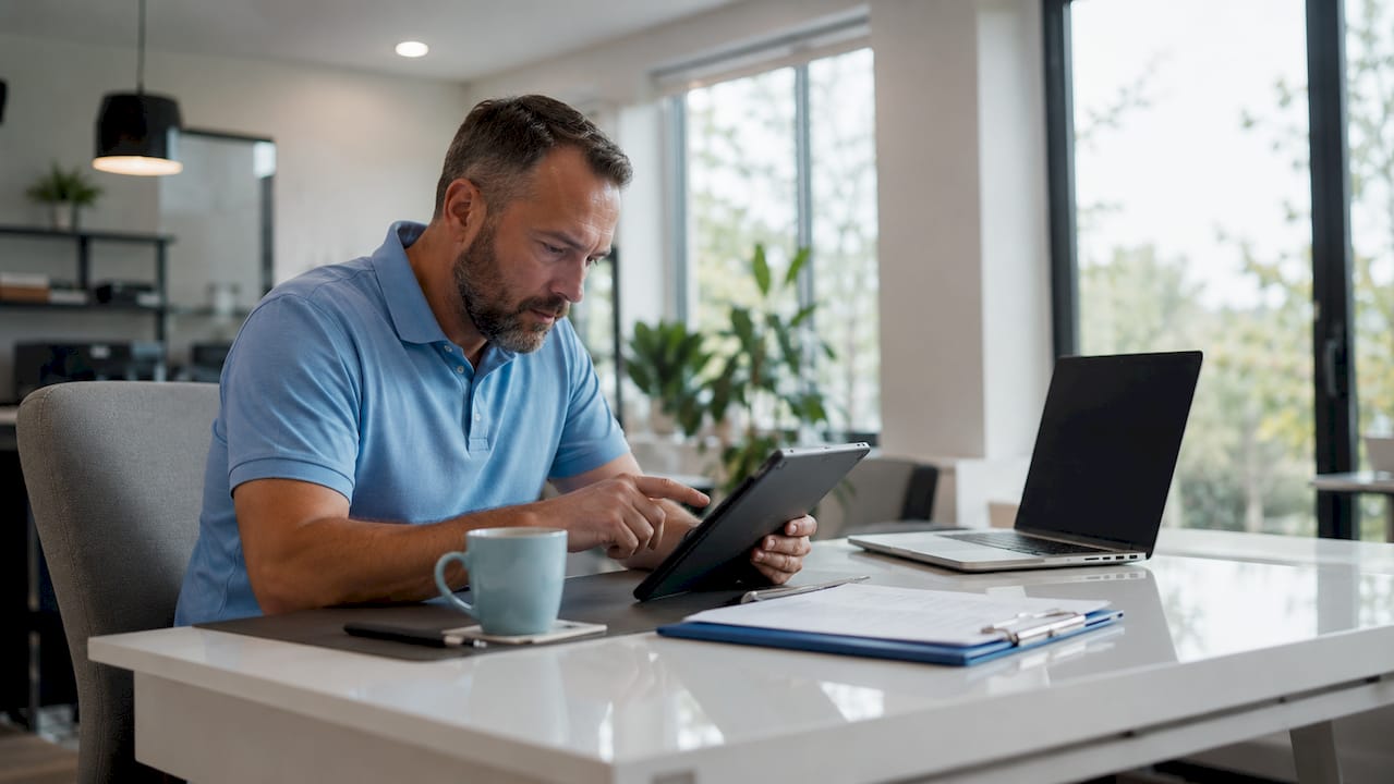 Contractor reviewing homeowner leads at desk