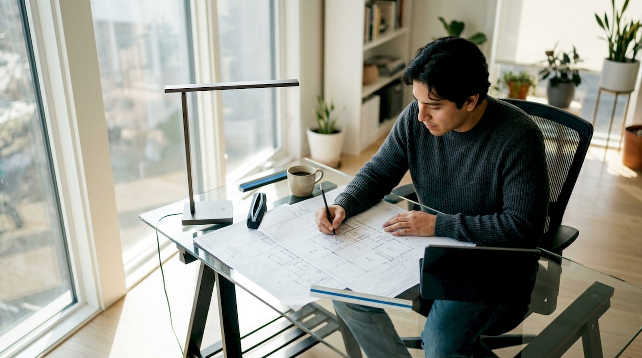 Person reviewing renovation blueprints at kitchen table