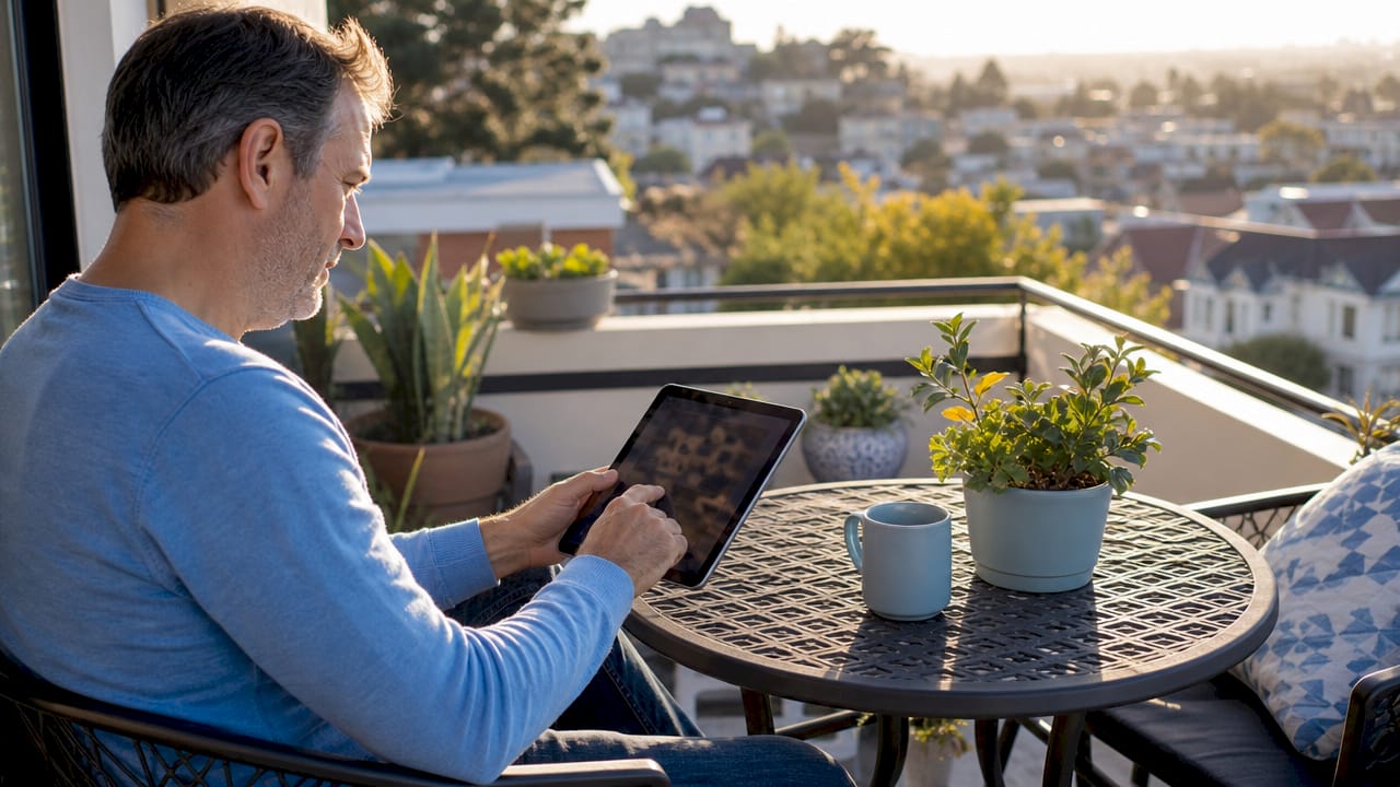 Homeowner typing project description on laptop