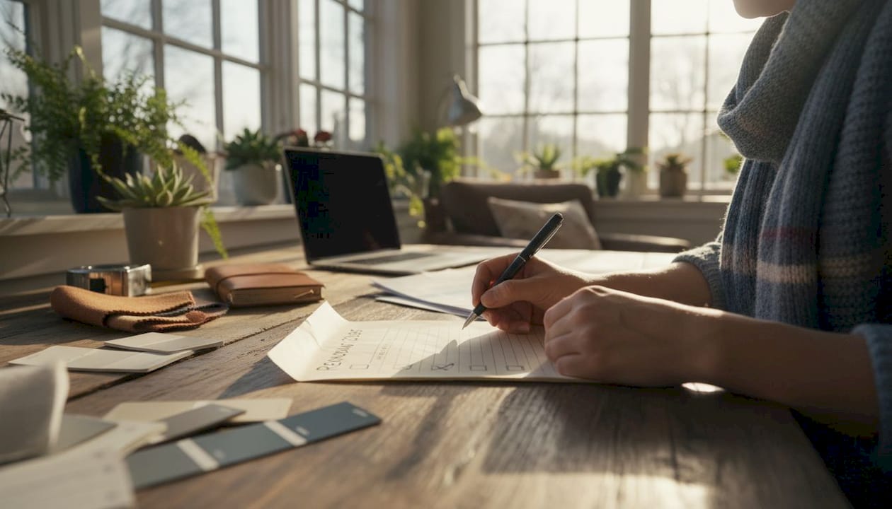 Homeowner writing renovation scope at table