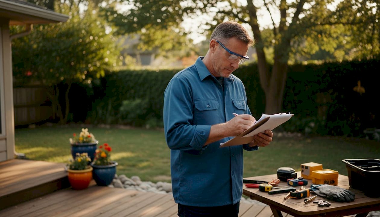 Tradesperson reviewing work sheet in kitchen