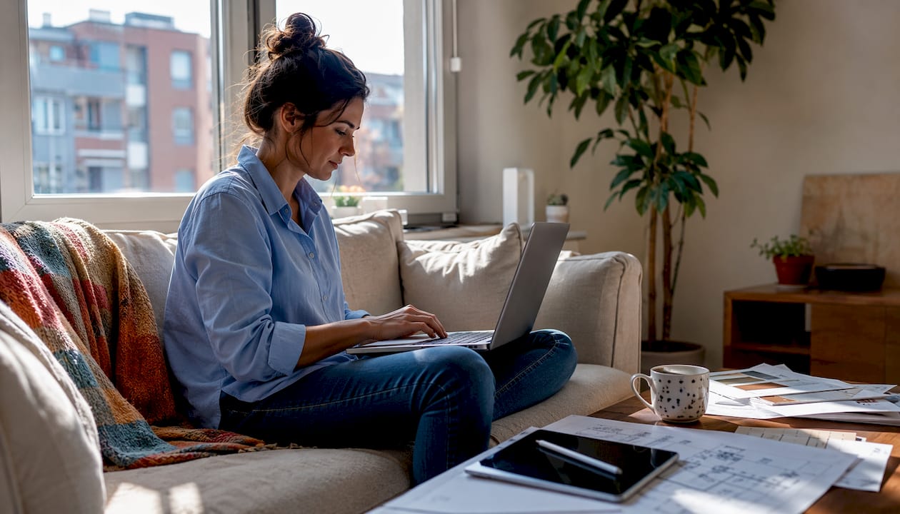 Female contractor reviewing bids on laptop at desk
