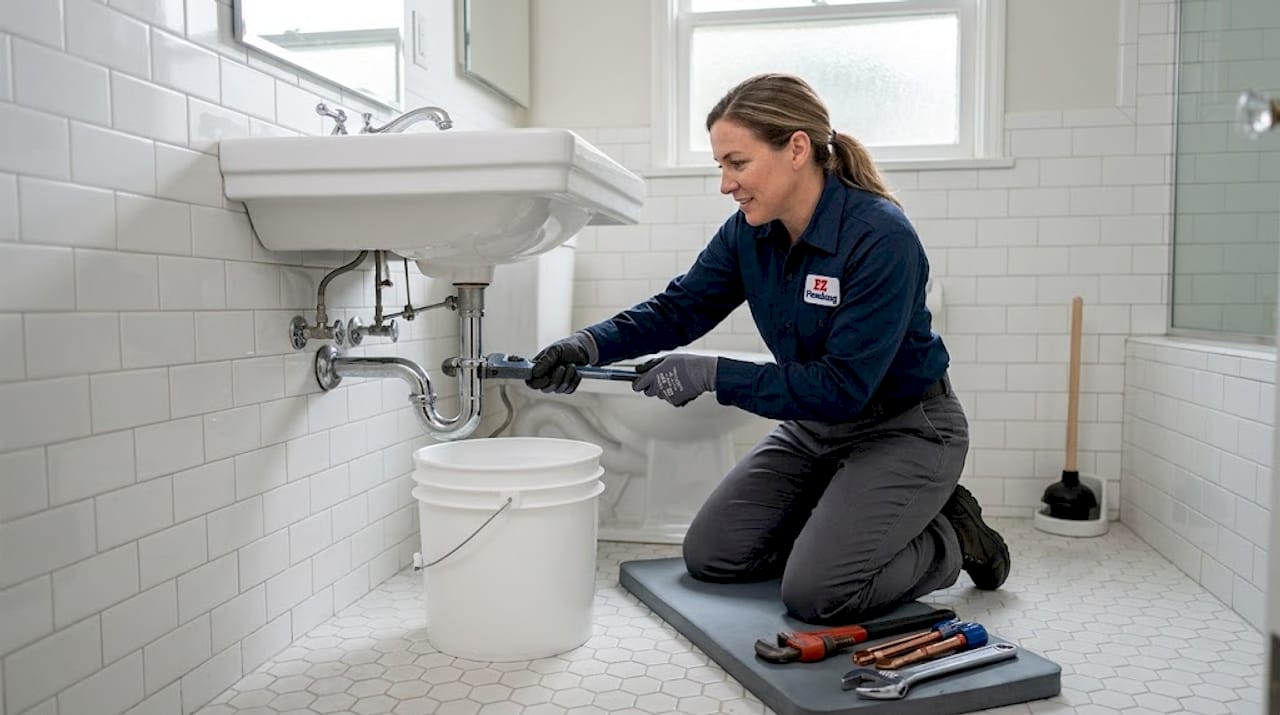 Woman cleaning P-trap under bathroom sink