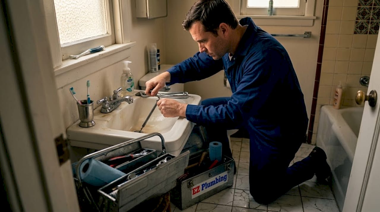 Plumber uses auger on clogged sink