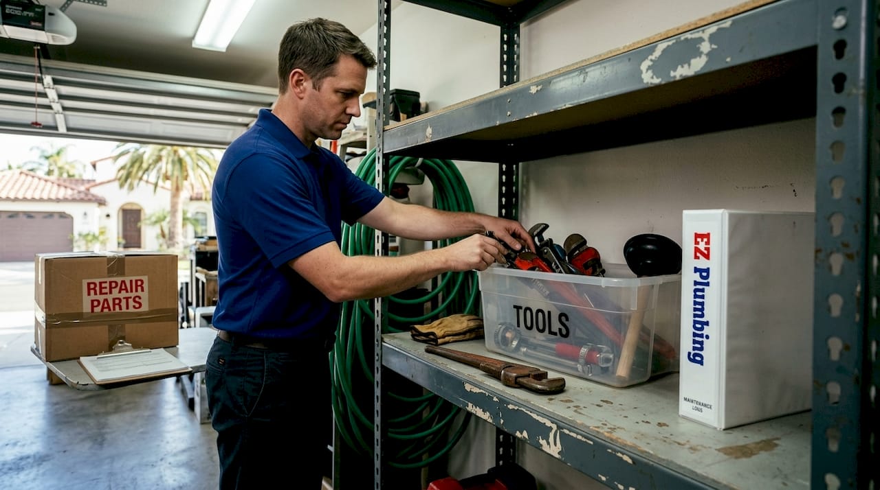 Property manager organizing plumbing repair tools