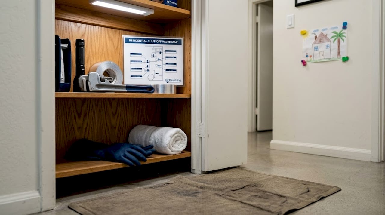 Organized plumbing emergency tools in utility closet