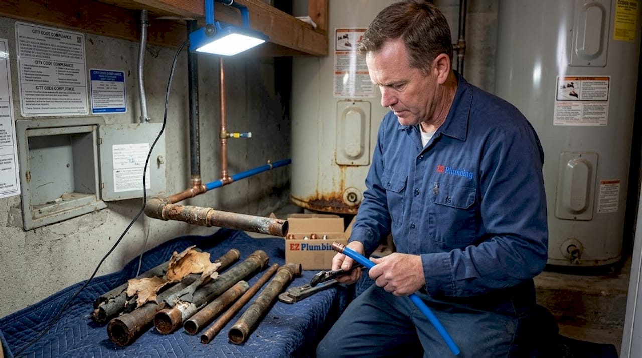 Plumber replacing pipes in LA home basement
