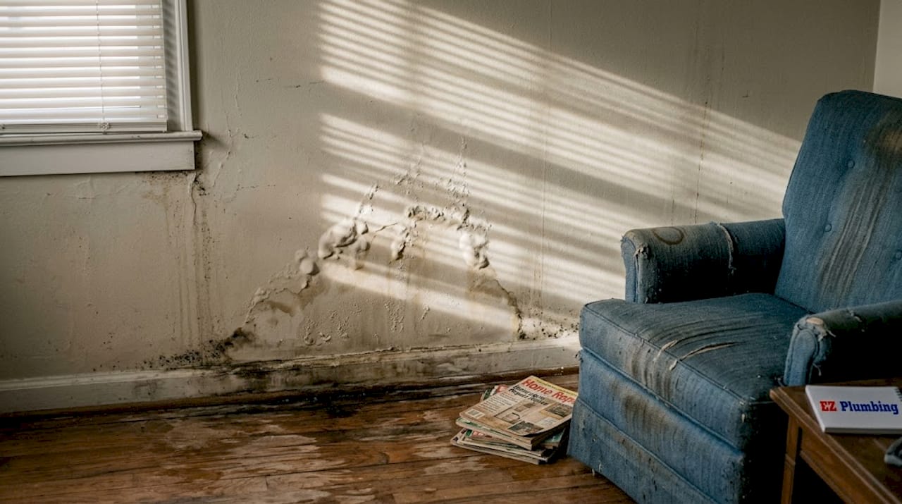 Water damaged living room wall and floor