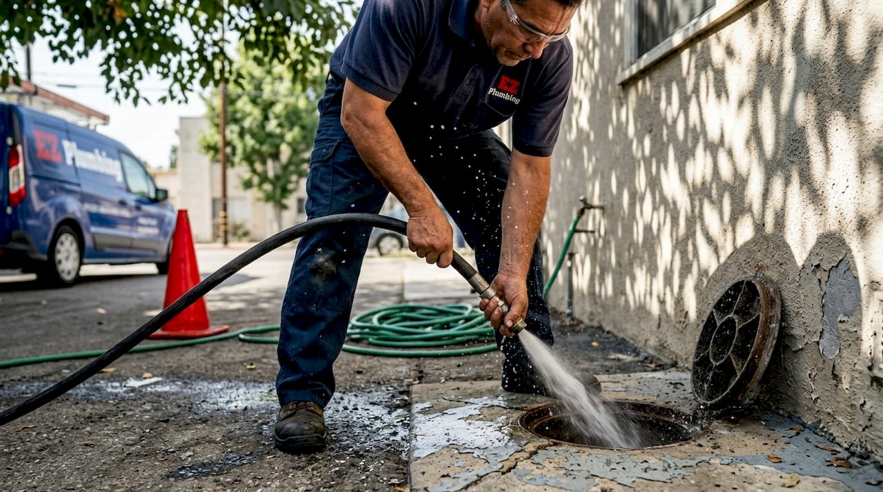Plumber using hydro jetting tool on exterior drain