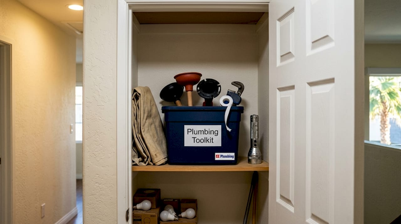 Basic plumbing tools organized in utility closet
