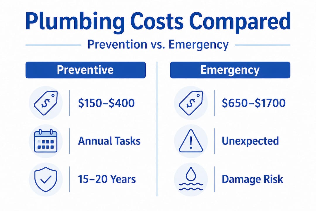 Infographic comparing preventive and emergency plumbing costs