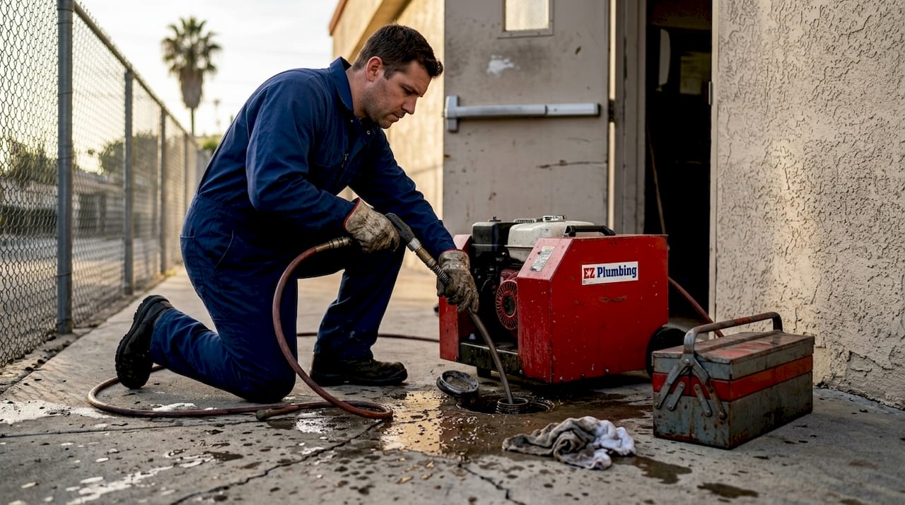 Plumber using hydro-jetting on outdoor drain