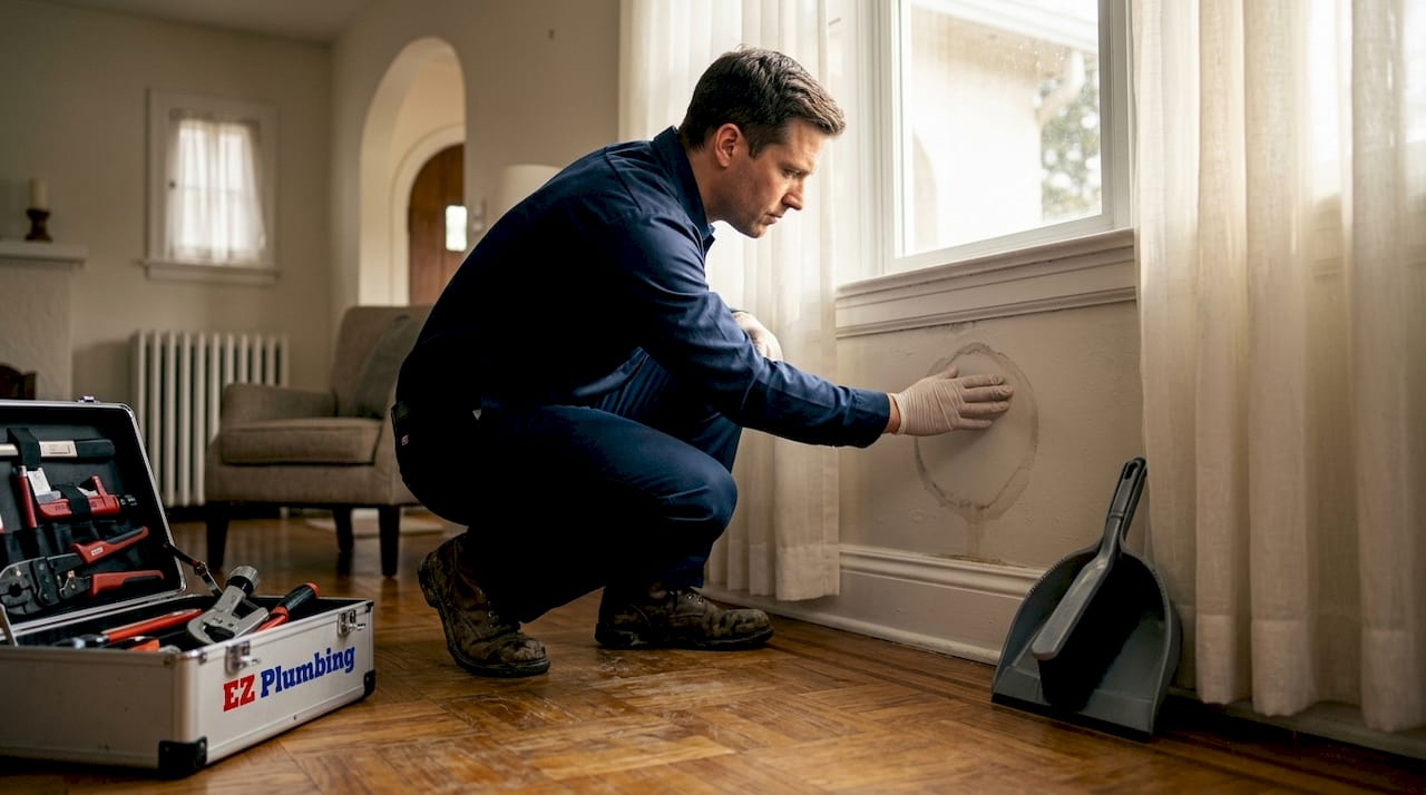 Plumber inspects water-stained living room wall
