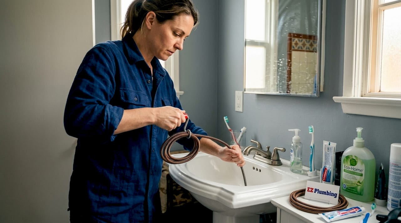 Woman using drain snake on bathroom sink