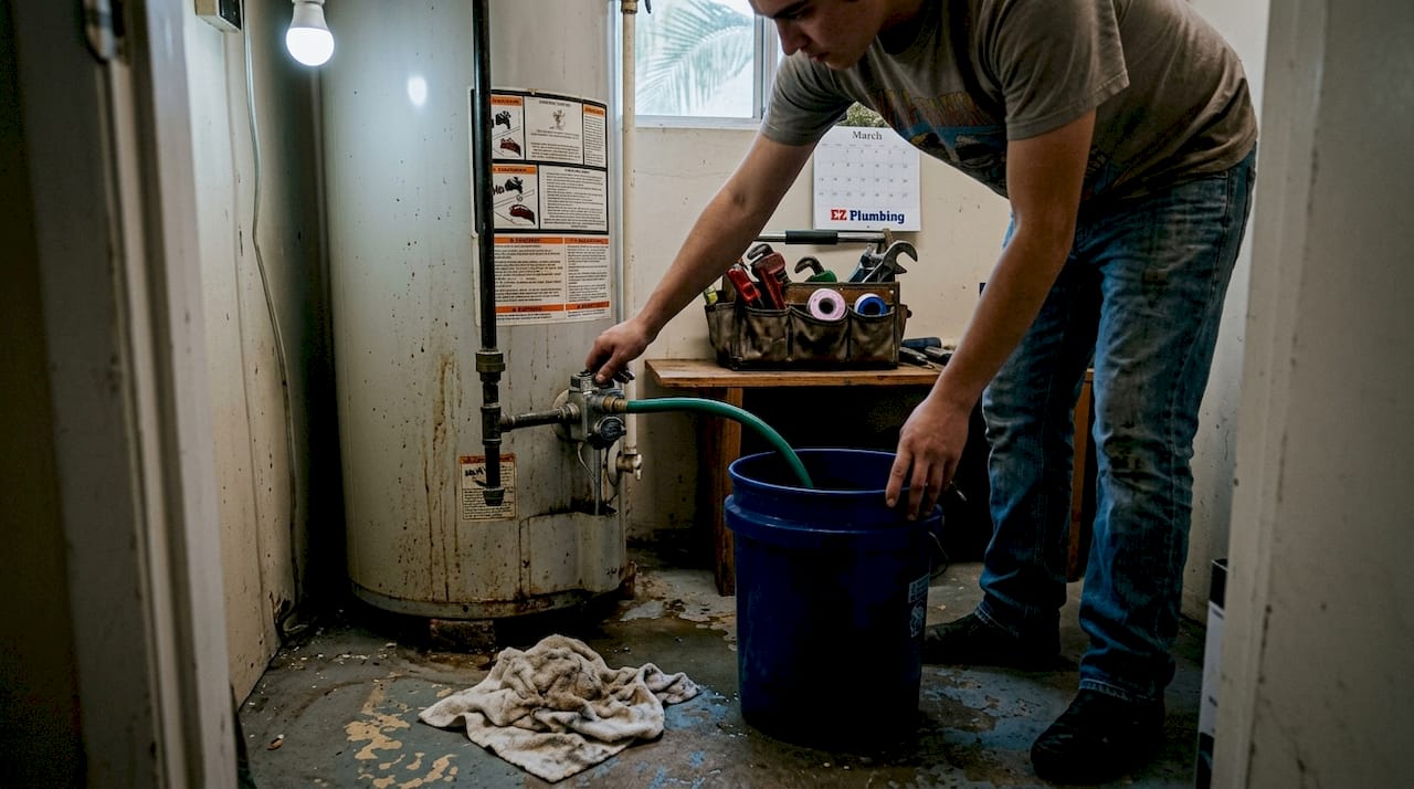 Person draining water heater in utility room