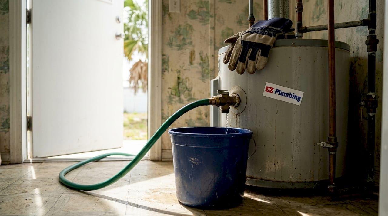 Water heater flush hose setup laundry room