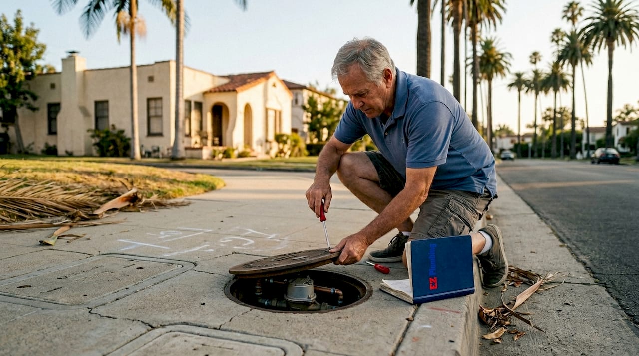Homeowner checking water meter at curb