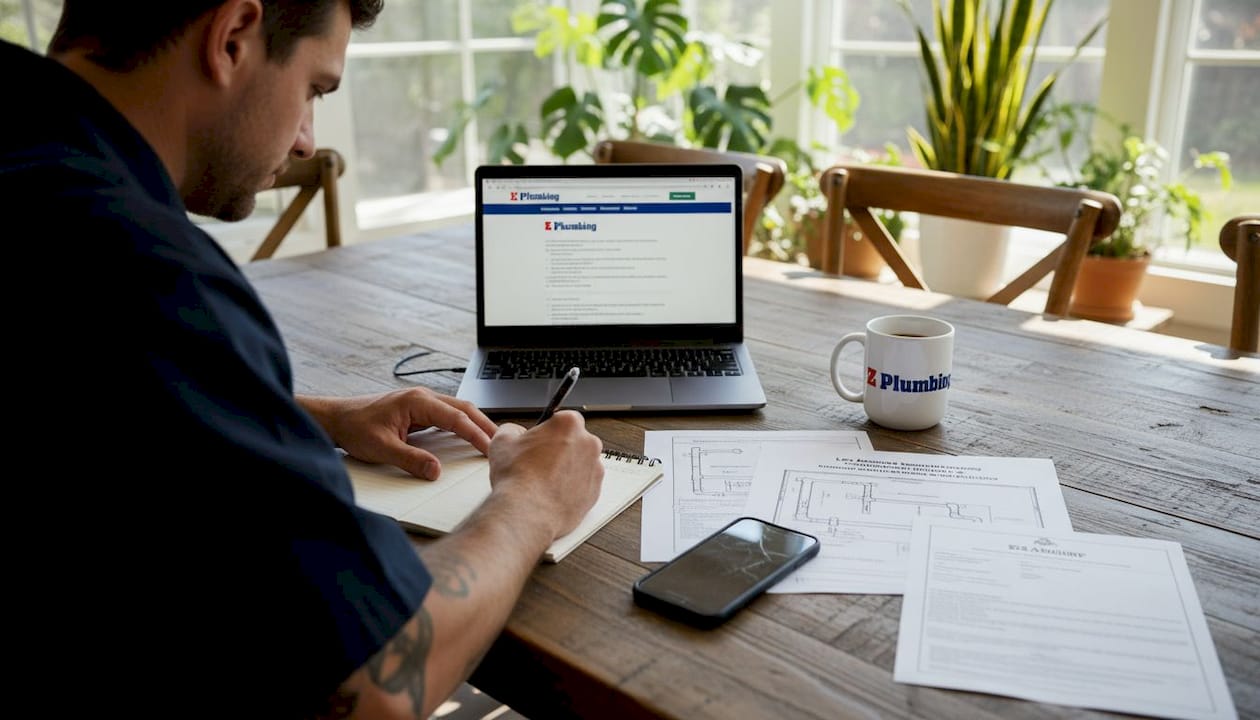 Plumber reviewing permits and plumbing paperwork