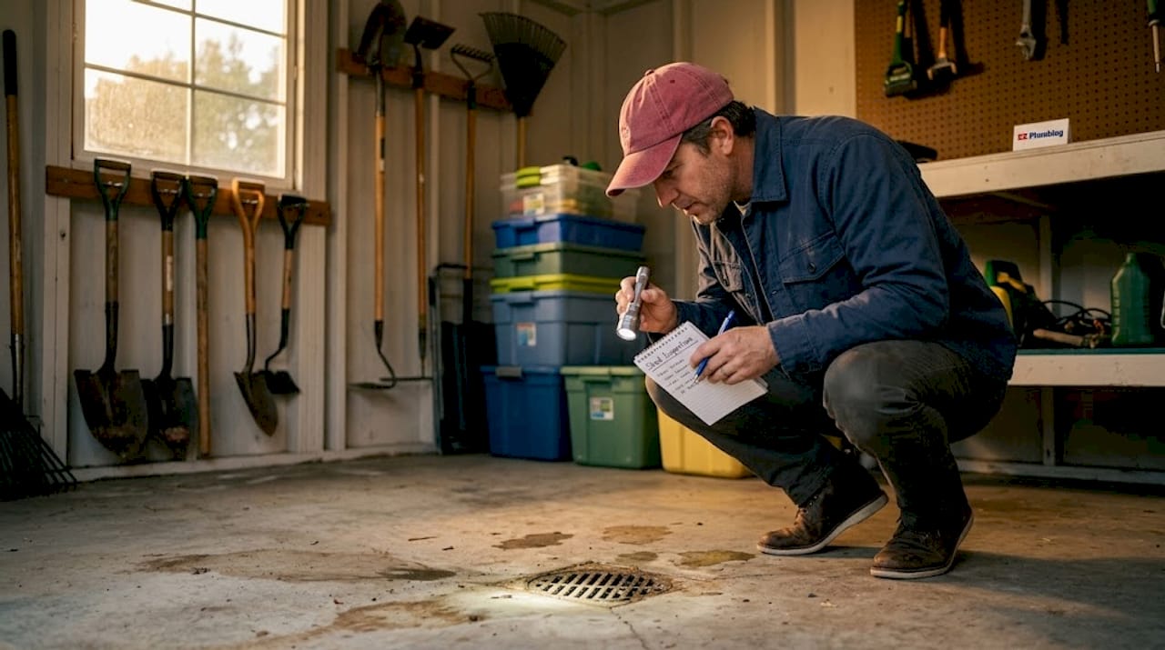Homeowner checking sewer line access in garage