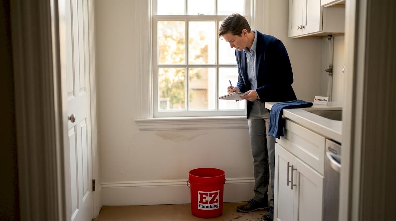Manager assessing living room water damage