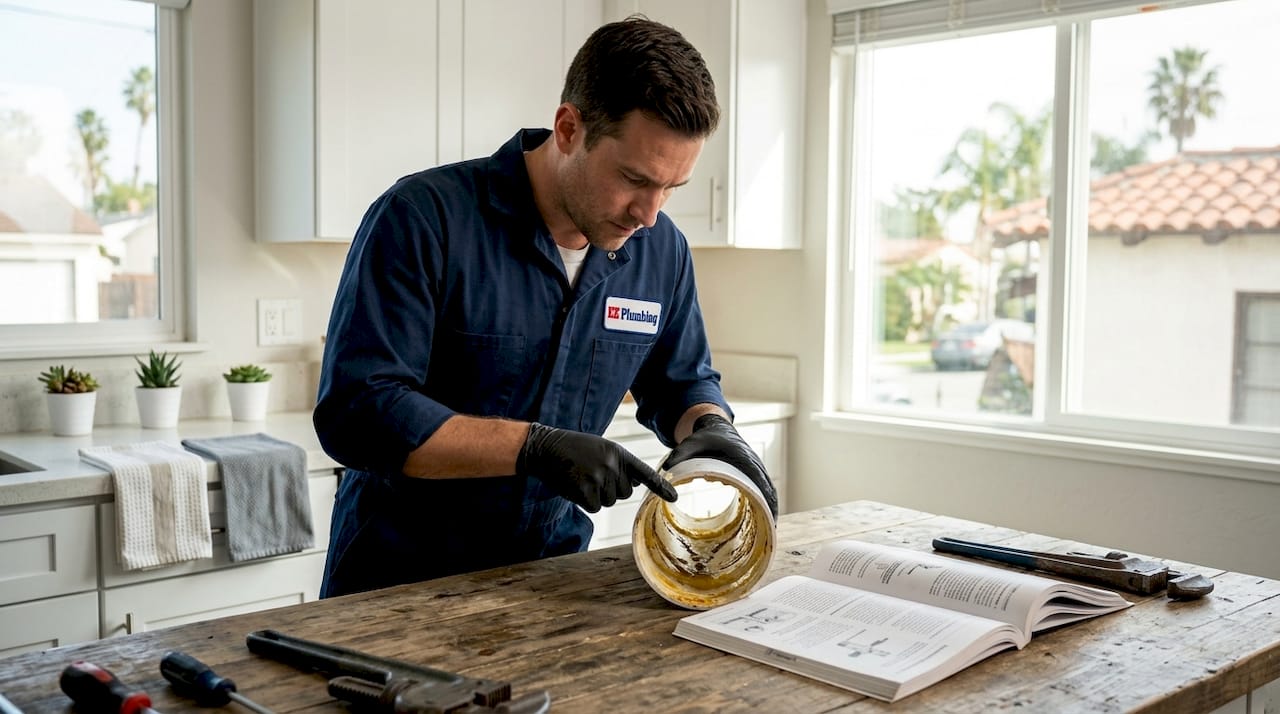 Plumber showing grease buildup in pipe section