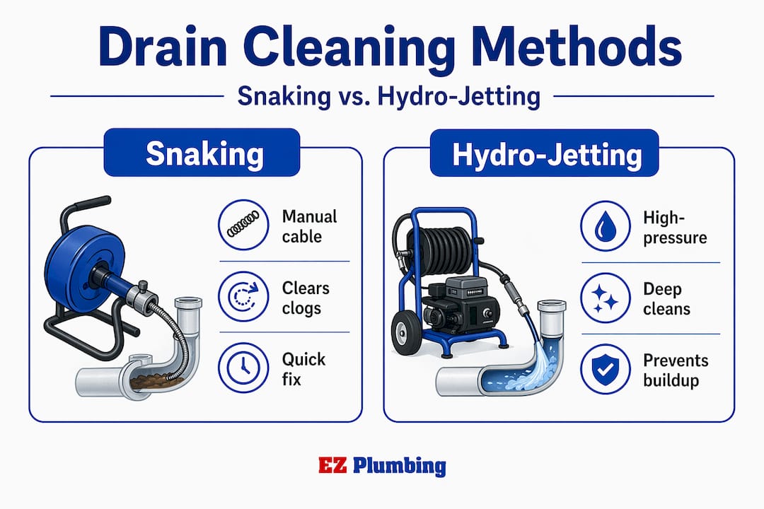 Infographic comparing snaking and hydro-jetting