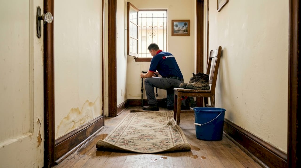 Water damage on hallway walls and baseboard