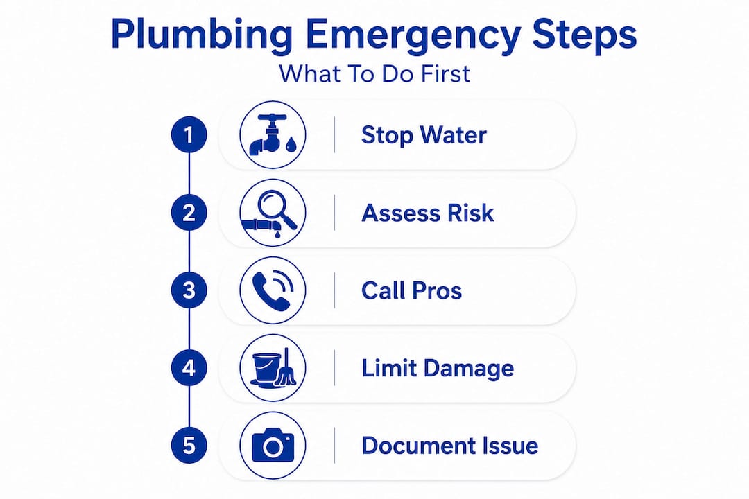 Infographic with top five plumbing emergency steps